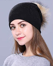 Load image into Gallery viewer, Beanie Shine Wool Blend with Swarovski stones and Removable Pom Pom Soft Brown
