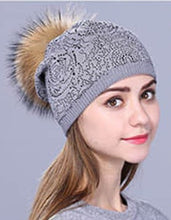 Load image into Gallery viewer, Beanie Shine Wool Blend with Swarovski stones and Removable Pom Pom Grey
