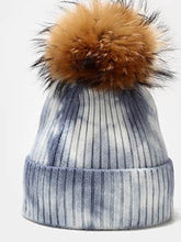 Load image into Gallery viewer, Beanie Tie Dyed ribbed Wool Blend with Removable Pom Pom Black (w Grey/White)
