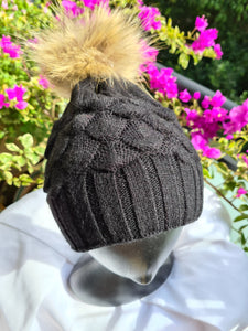 Beanie Bubble Pattern Wool Blend with Removable Pom Pom Black