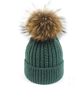 Beanie Spiral Ribbed Pattern Wool Blend with Removable Pom Pom Green