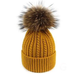 Beanie Spiral Ribbed Pattern Wool Blend with Removable Pom Pom Mustard