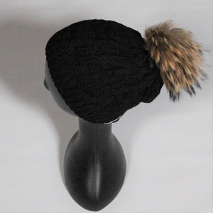 Beanie Soft Wool Blend Cable knit-Removable Pom Pom- Black