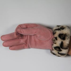 Glove Leopard Faux Fur Vegan Suede Soft Pink