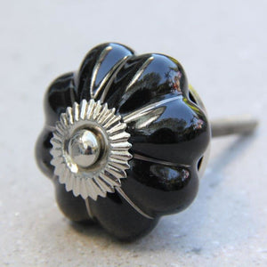 Flower Shape - Black with Silver -  Ceramic Knob