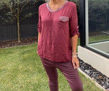 Load image into Gallery viewer, Sienna - Sequin V Neck Crinkle Shirt - Bordeaux