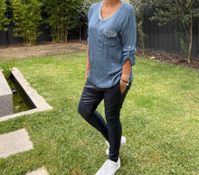 Load image into Gallery viewer, Sienna - Sequin V Neck Crinkle Shirt - Blue