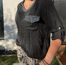 Load image into Gallery viewer, Sienna - Sequin V Neck Crinkle Shirt - Black
