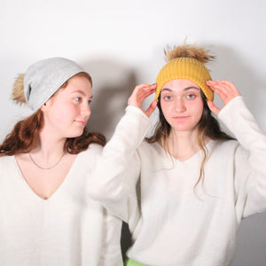 Beanie Angora wool blend generous slouch fit with removable fur pom pom Light Grey