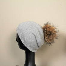 Load image into Gallery viewer, Beanie Angora wool blend generous slouch fit with removable fur pom pom Light Grey
