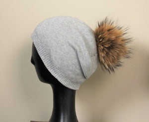 Beanie Angora wool blend generous slouch fit with removable fur pom pom Black