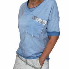 Load image into Gallery viewer, Top-T4717-Tia-Tee-Vintage Wash Metallic Spray Sequin Detail-White