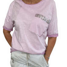 Load image into Gallery viewer, Top-T4717-Tia-Tee-Vintage Wash Metallic Spray Sequin Detail-White