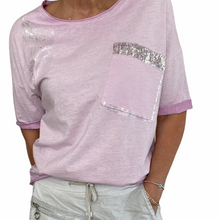 Load image into Gallery viewer, Top-T4717-Tia-Tee-Vintage Wash Metallic Spray Sequin Detail-White