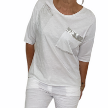 Load image into Gallery viewer, Top-T4717-Tia-Tee-Vintage Wash Metallic Spray Sequin Detail-White
