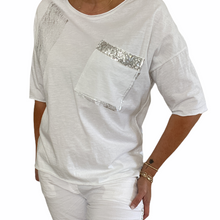 Load image into Gallery viewer, Top-T4717-Tia-Tee-Vintage Wash Metallic Spray Sequin Detail-White