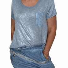 Load image into Gallery viewer, Top-T80690-Latte Tee-Lace Pocket-Metallic Spray Cold Wash Dye-Light Pink
