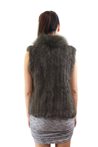 Rabbit Fur vest  -with Raccoon Front  - Military Green