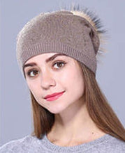 Load image into Gallery viewer, Beanie Shine Wool Blend with Swarovski stones and Removable Pom Pom Grey
