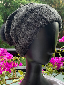 Beanie Wool Wave Pattern with Removable Pom Pom Black with Black Matched Pom Pom (not pictured)