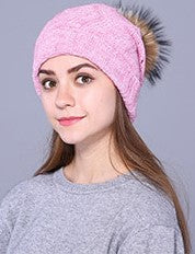 Beanie Wool Wave Pattern with Removable Pom Pom Pink