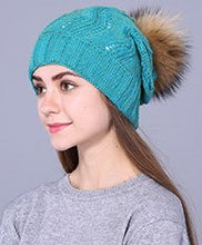 Load image into Gallery viewer, Beanie Wool Wave Pattern with Removable Pom Pom Teal Blue
