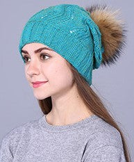 Beanie Wool Wave Pattern with Removable Pom Pom Teal Blue