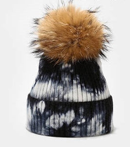 Beanie Tie Dyed Wool Blend ribbed with Removable Pom Pom Grey (w White)
