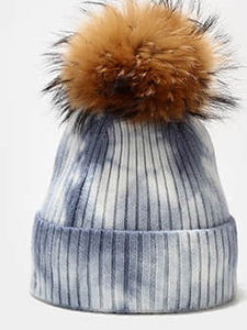 Beanie Tie Dyed Wool Blend ribbed with Removable Pom Pom Grey (w White)
