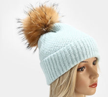 Load image into Gallery viewer, Beanie Box Stitch Wool Blend with Removable Pom Pom Soft Blue
