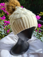 Load image into Gallery viewer, Beanie Bubble Pattern Wool Blend with Removable Pom Pom White
