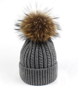 Beanie Spiral Ribbed Pattern Wool Blend with Removable Pom Pom Grey