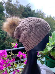 Beanie Soft Wool Blend Cable knit-Removable Pom Pom-Soft Brown
