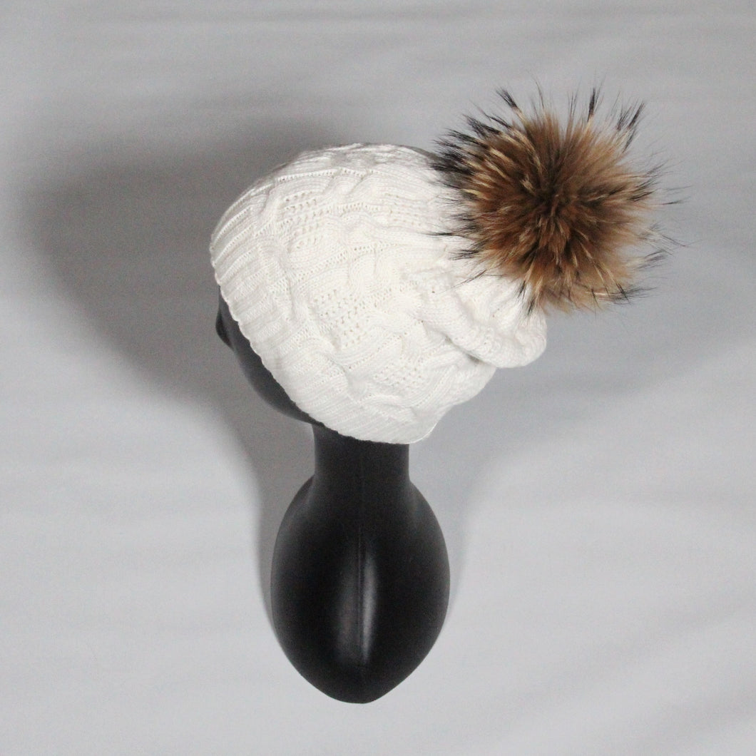 Beanie Soft Wool Blend Cable Knit With Removable Pom Pom- White