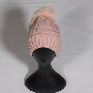 Beanie Stitched Cable Pattern- Soft Wool Blend with removable Pom Pom- Soft Pink