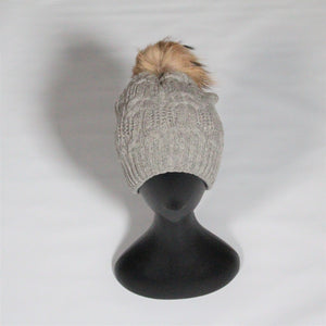 Beanie Soft Wool Blend Cable knit-Removable Pom Pom-Grey