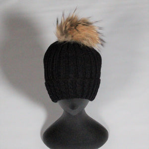 Beanie Soft Wool Blend Relaxed-Removable Pom Pom- Black