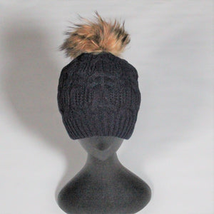 Beanie Soft Wool Blend Cable knit-Removable Pom Pom- Navy