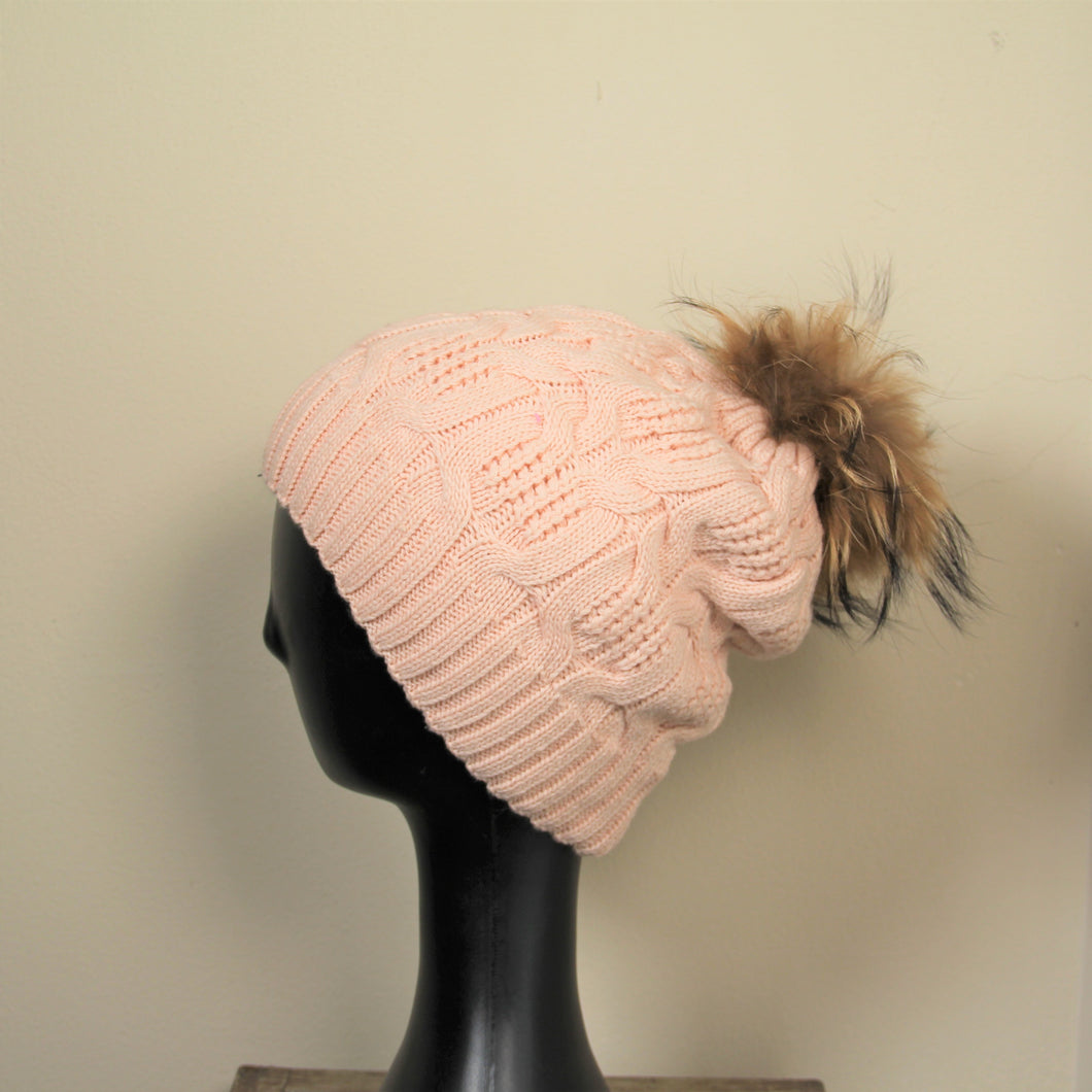 Beanie Soft Wool Blend Cable Knit With Removable Pom Pom-Soft Pink