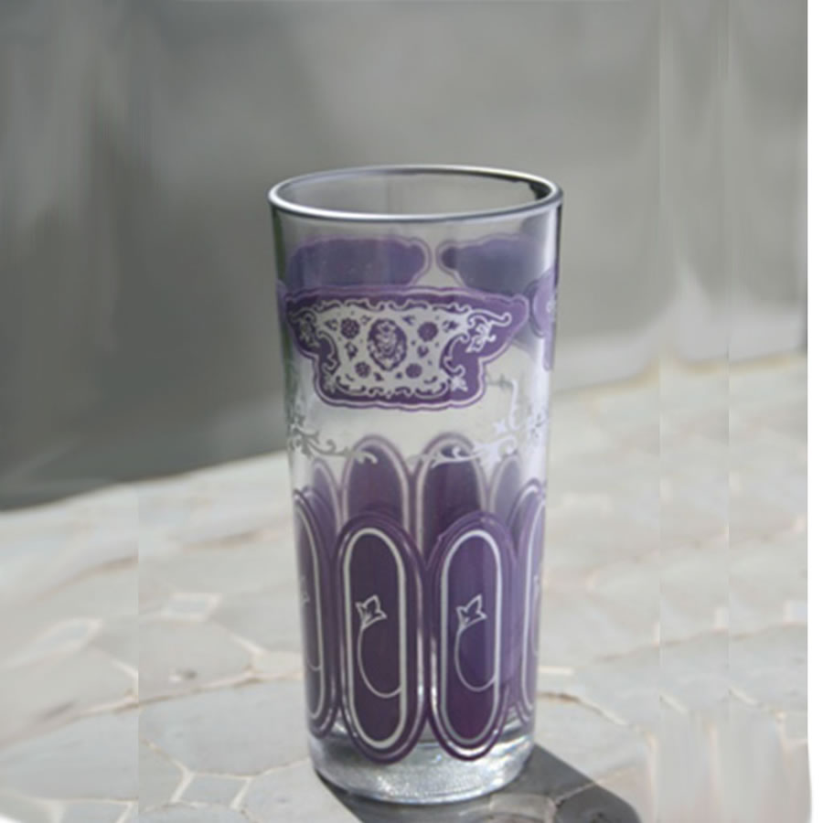 Set 6 - Tall Pale Purple Silver -  Painted Moroccan Glass - Feather Design