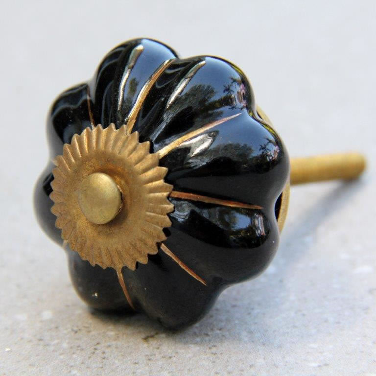 Flower Shape - Black with Gold -  Ceramic Knob