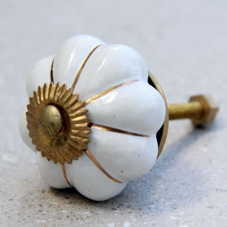 Flower Shape - White with Gold -  Ceramic Knob