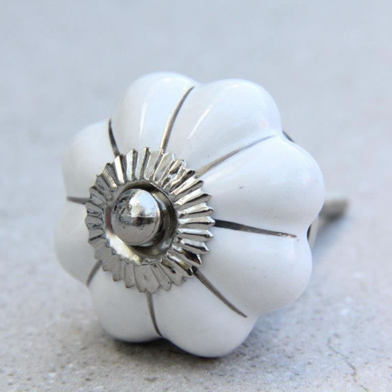 Flower Shape - White with Silver -  Ceramic Knob