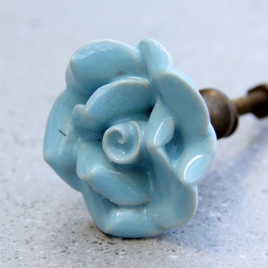 French Rose - Medium Pale Blue Ceramic - Chest of Drawer Knob
