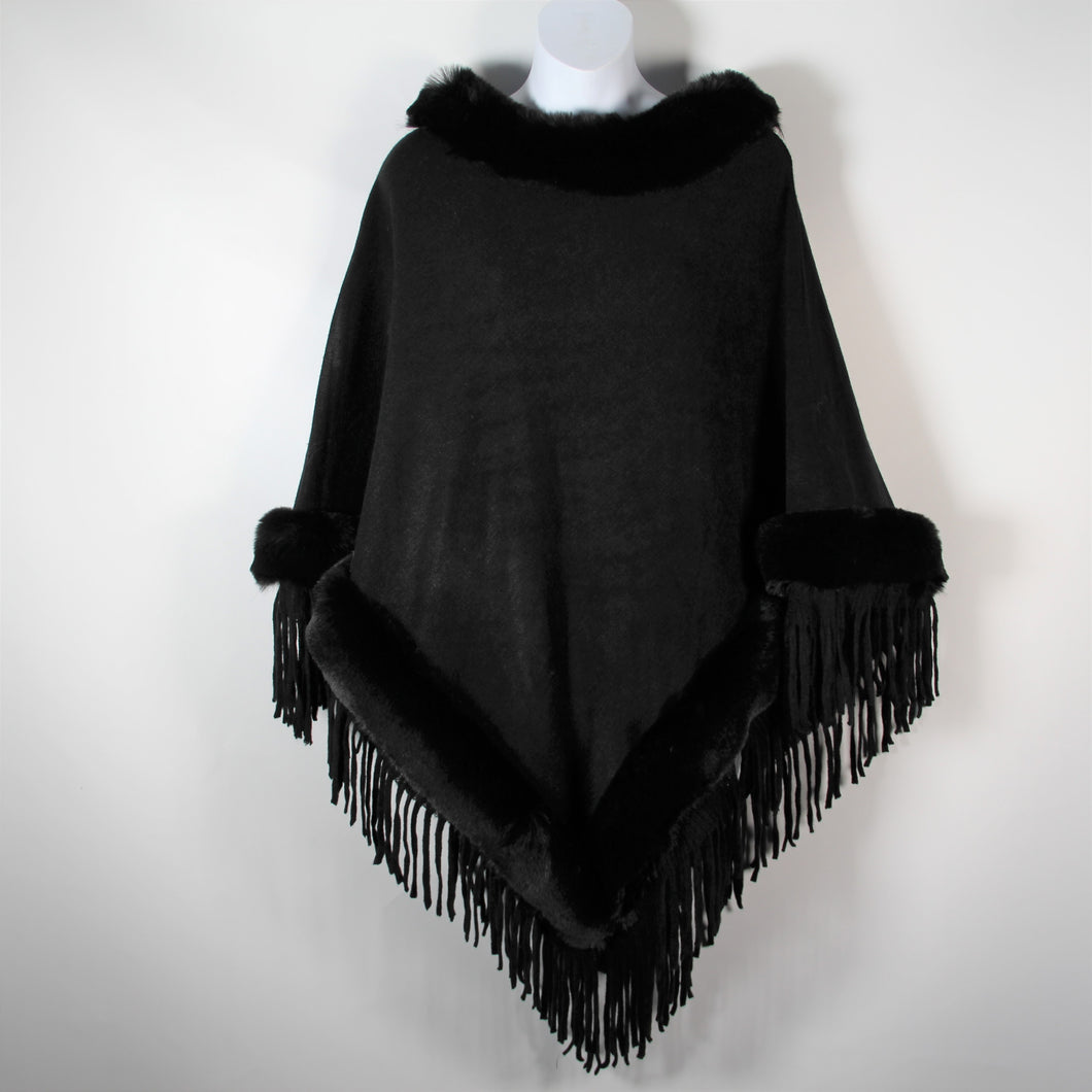 Poncho- Faux Fur Top and Bottom - Black - Silk Route