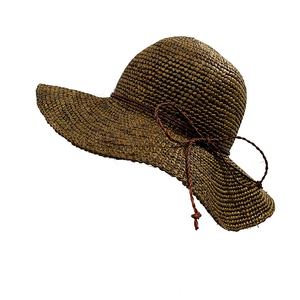 Hat - Crochet Raffia Hat with tie String - Natural Brown
