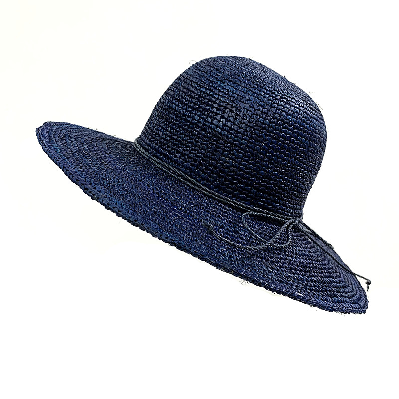 Hat - Crochet Raffia Hat with tie String - Deep Blue