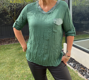 Sienna - Sequin V Neck Crinkle Shirt - Green
