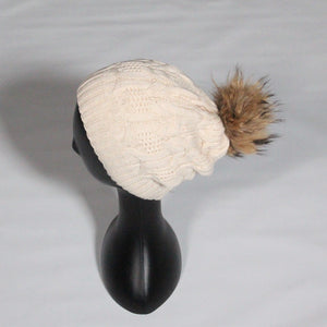 Beanie Soft Wool Blend Cable knit-Removable Pom Pom- Beige