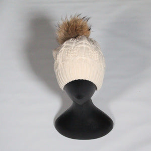 Beanie Soft Wool Blend Cable knit-Removable Pom Pom- Beige